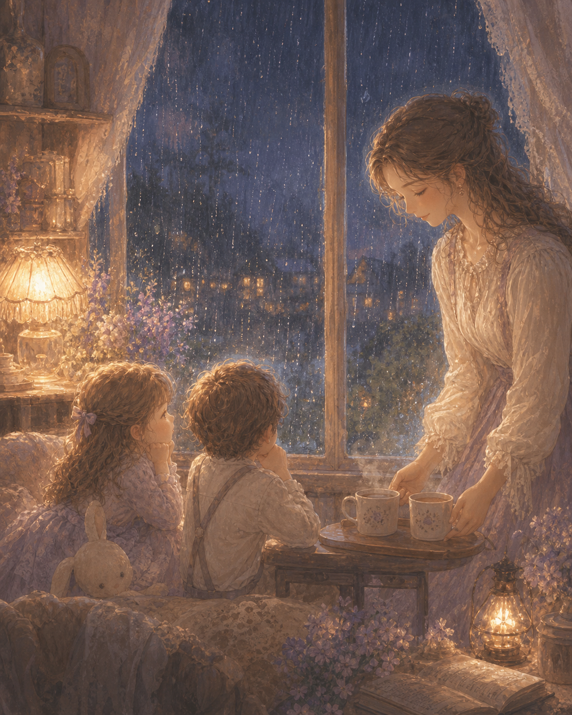 雨の夜に窓辺で親子が静かに過ごす風景