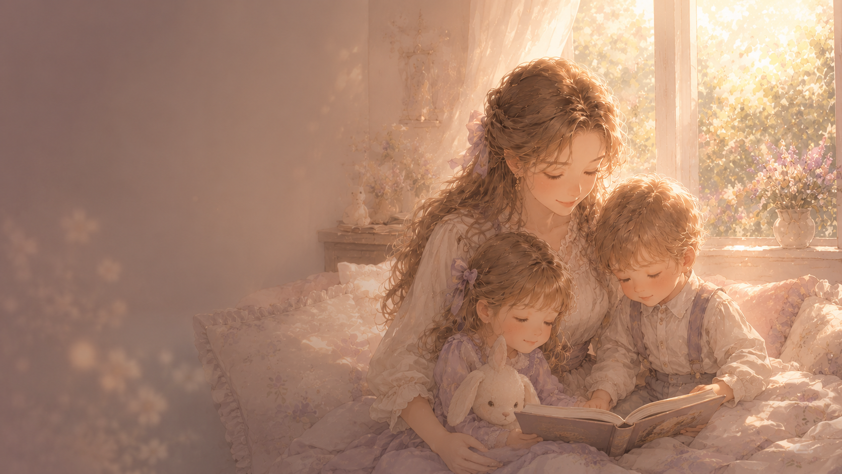 眠る前の部屋で親子が本を読むやさしい時間