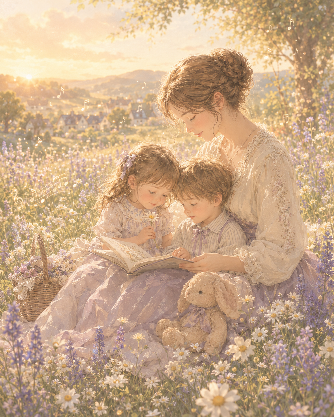花畑で親子が物語を読むやわらかな時間